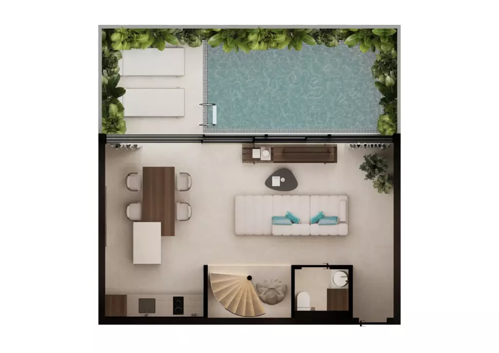 pandawa dream villa 119 m2 two bedroom (78 m2 living + pool +rooftop) full square 143 m2 plan furniture
